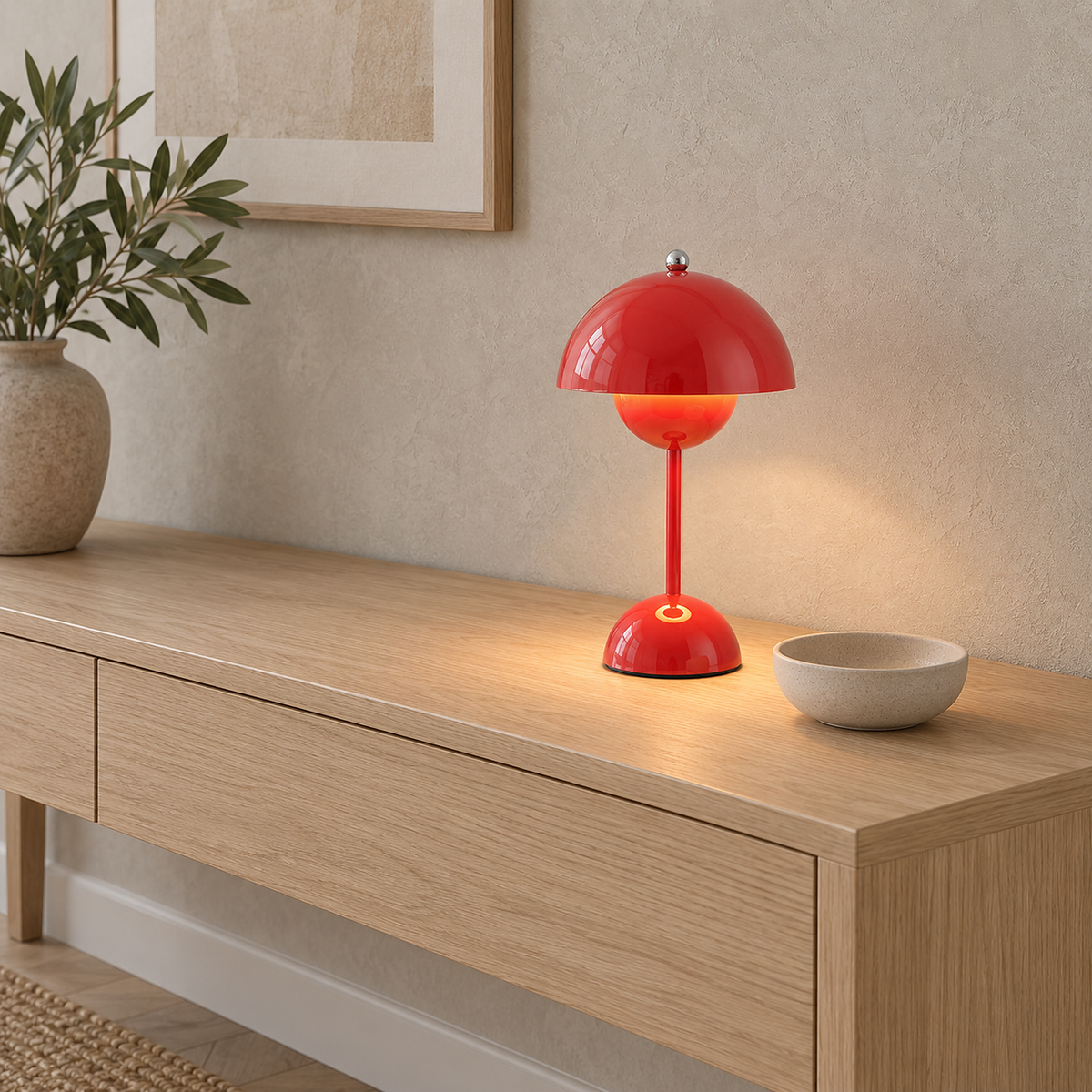 Coremila red cordless table lamp glowing warm white on a sunlit entryway console #color_red