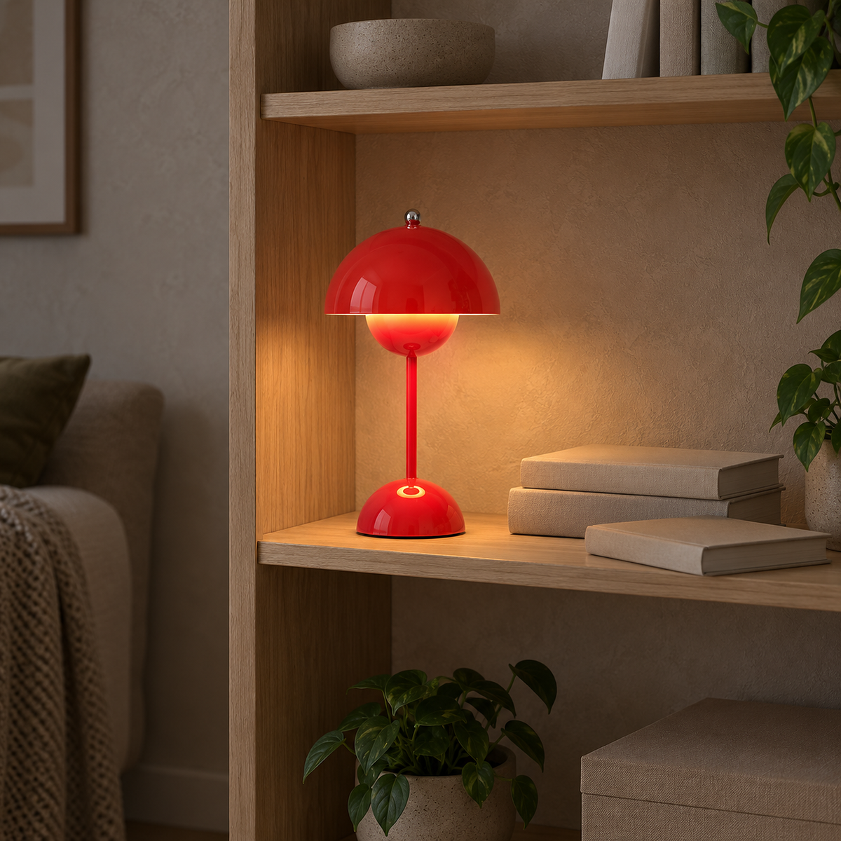 Coremila red portable table lamp adding warm light to an open library bookshelf #color_red