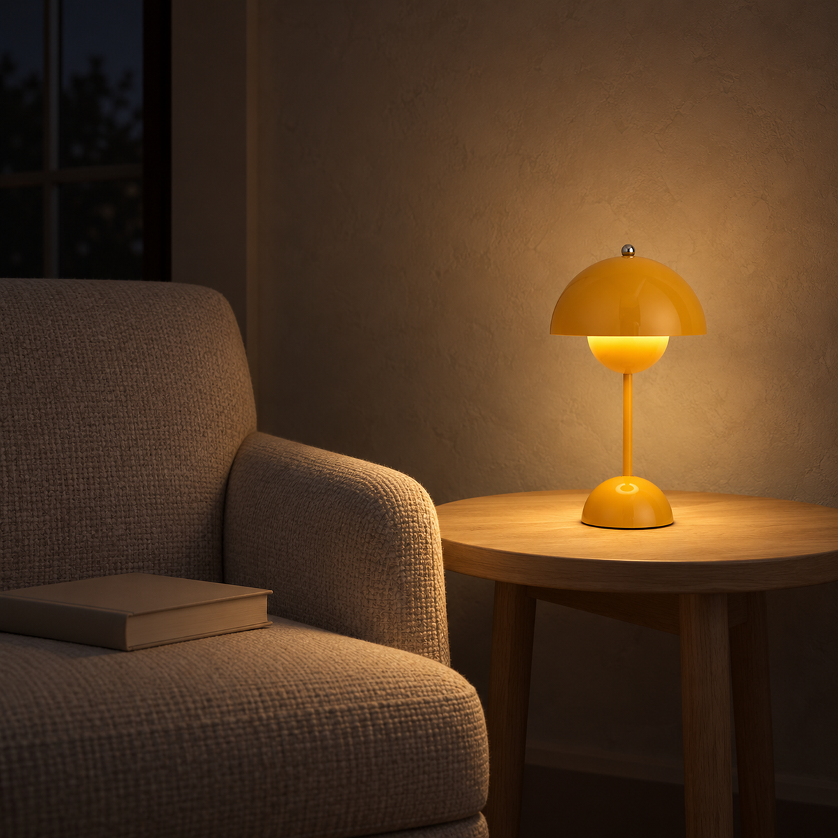 Coremila yellow rechargeable table lamp casting a soft warm pool of light in a library at night #color_yellow