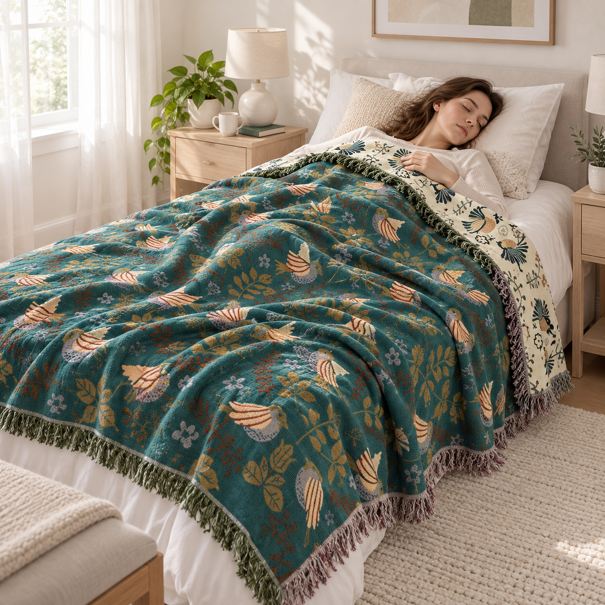 Corilma teal blue and cream cotton throw blanket covering an adult resting in a bright bedroom