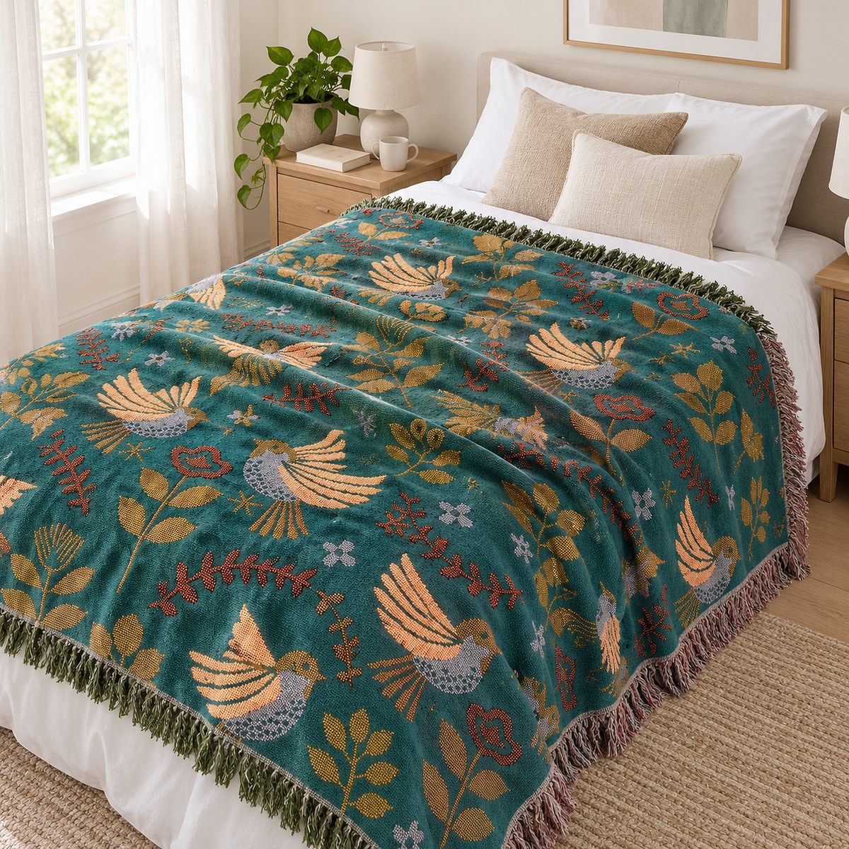 Corilma teal blue and cream queen size blanket in woven cotton beside bedroom pillows on a made bed