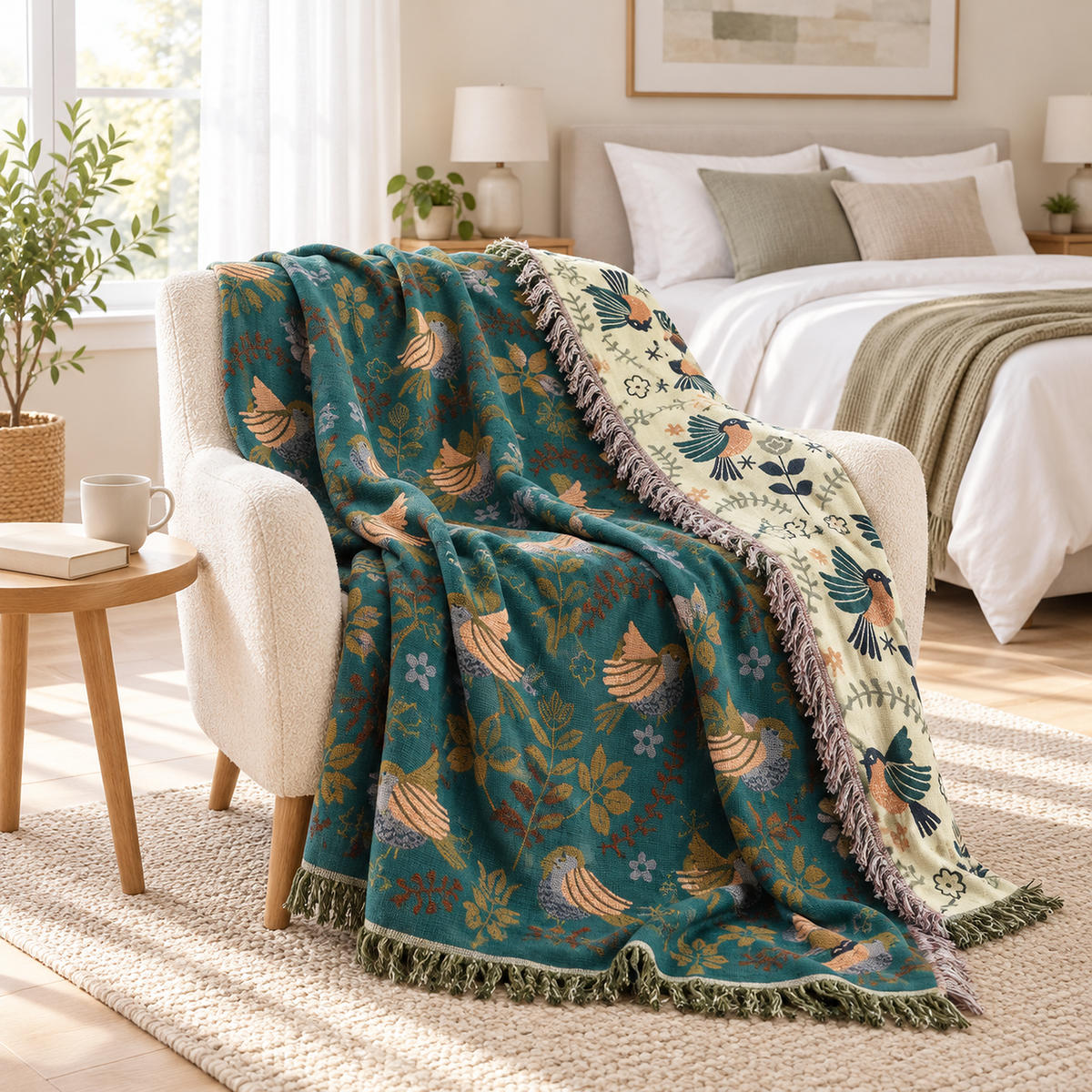 Corilma teal blue and cream cotton throw blanket hanging open over an armchair in an attic bedroom