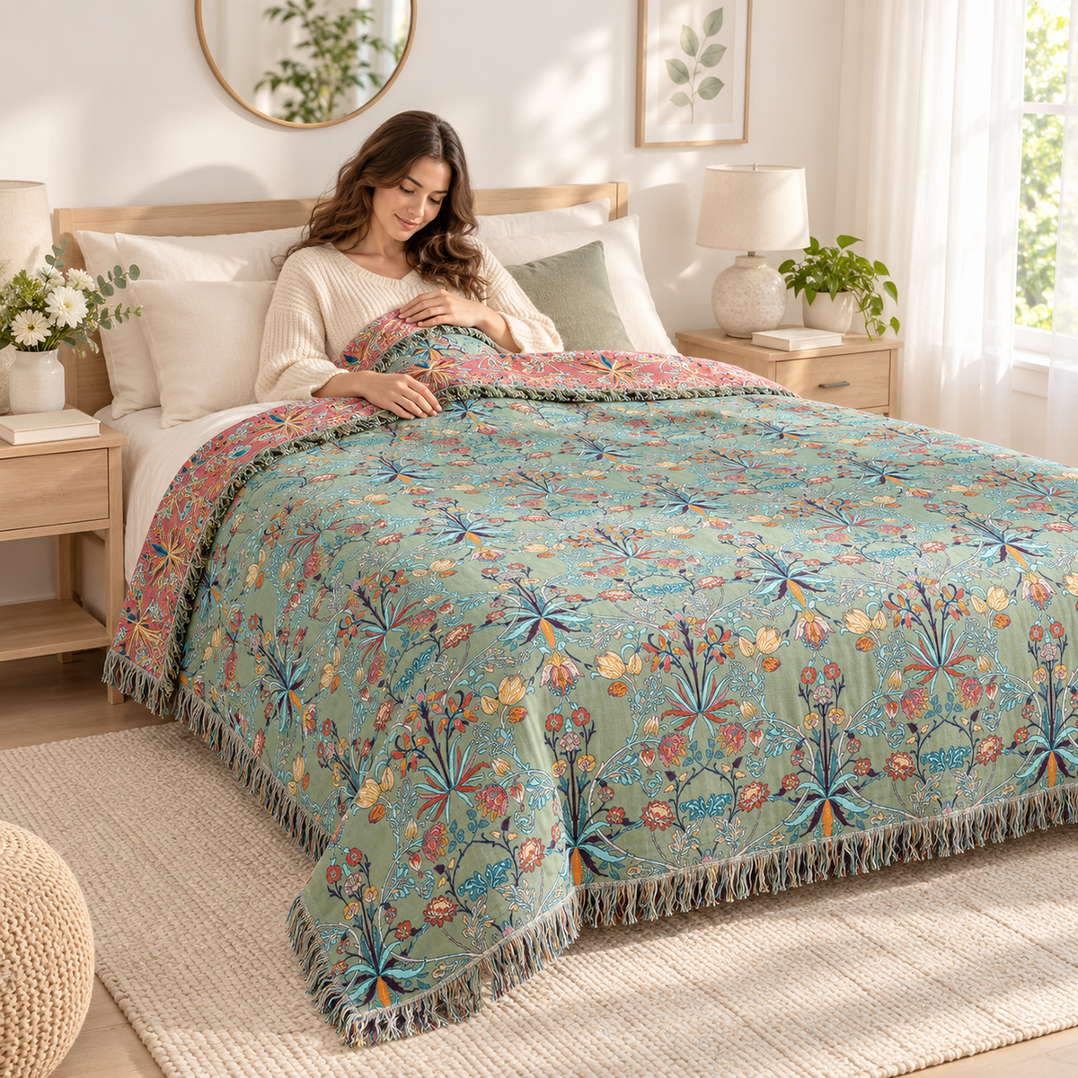 Corisena green throw blanket drawn over an adult resting in a bright bedroom