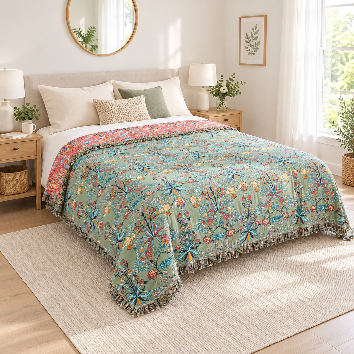 Corisena green floral cotton bedspread hanging over the side of a guest bed in a bright bedroom