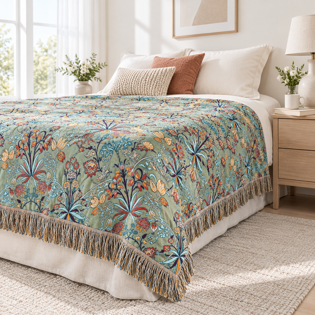 Corisena green floral throw blanket on a bed showing its heavyweight layer and the drop down the bed side