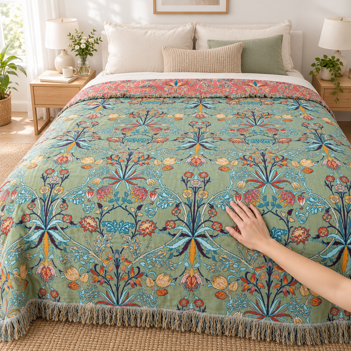 Corisena green throw blanket being smoothed flat by an adult hand on a made bed