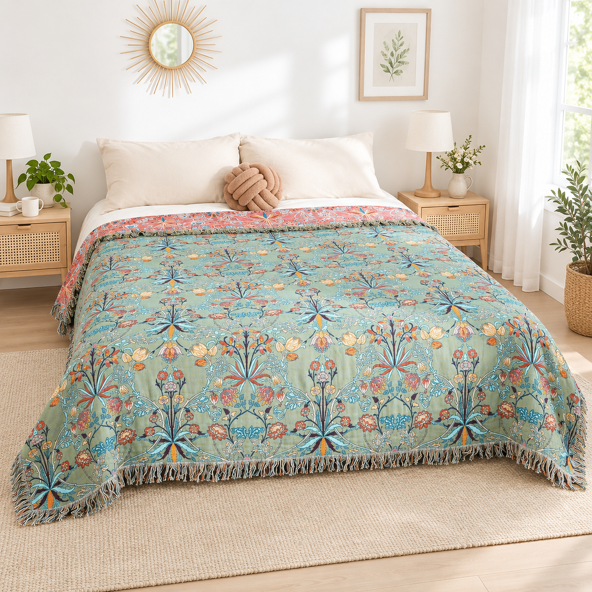 Corisena green throw blanket covering a made bed with an upholstered headboard in a bright bedroom