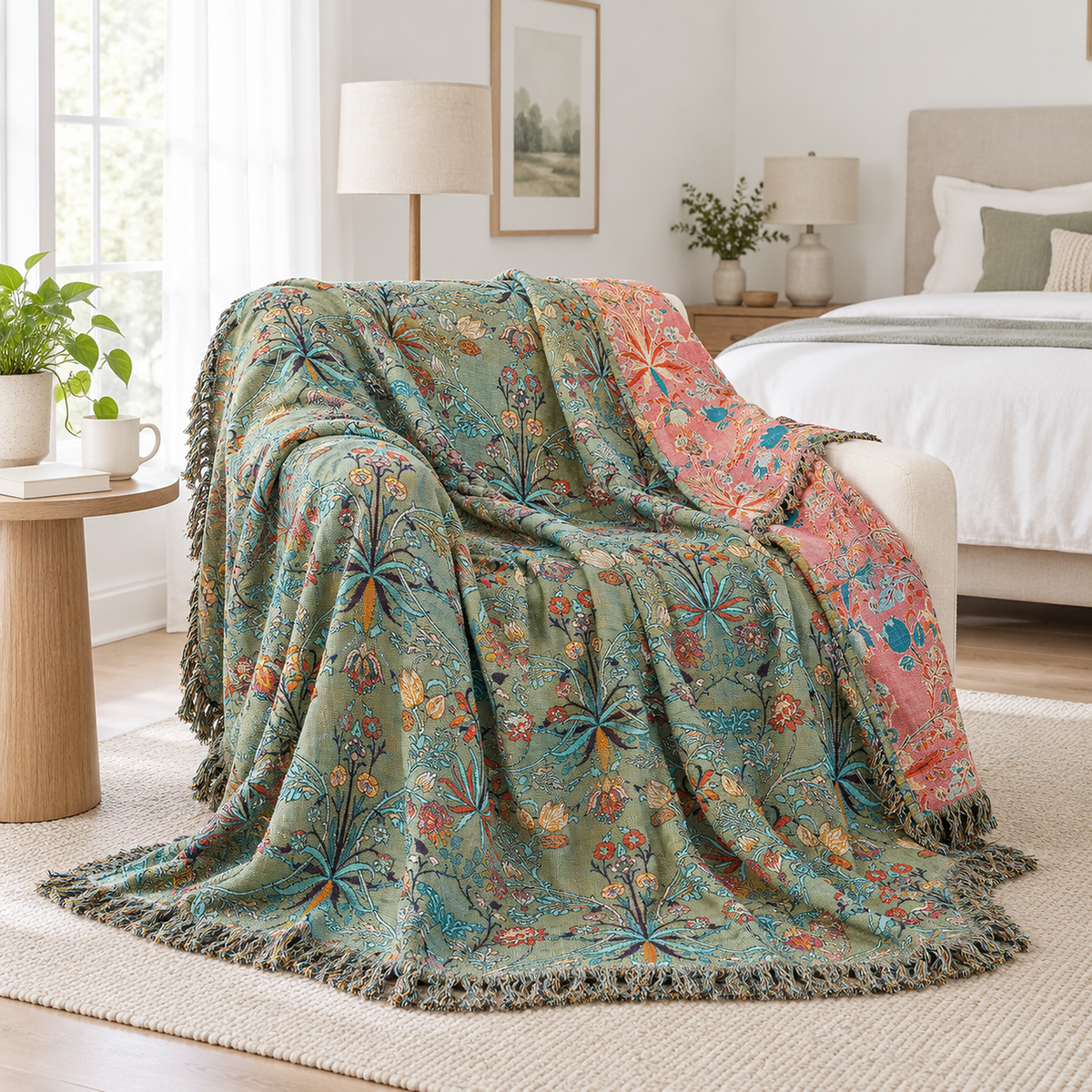 Corisena green throw blanket draped open over an armchair in a bedroom reading corner