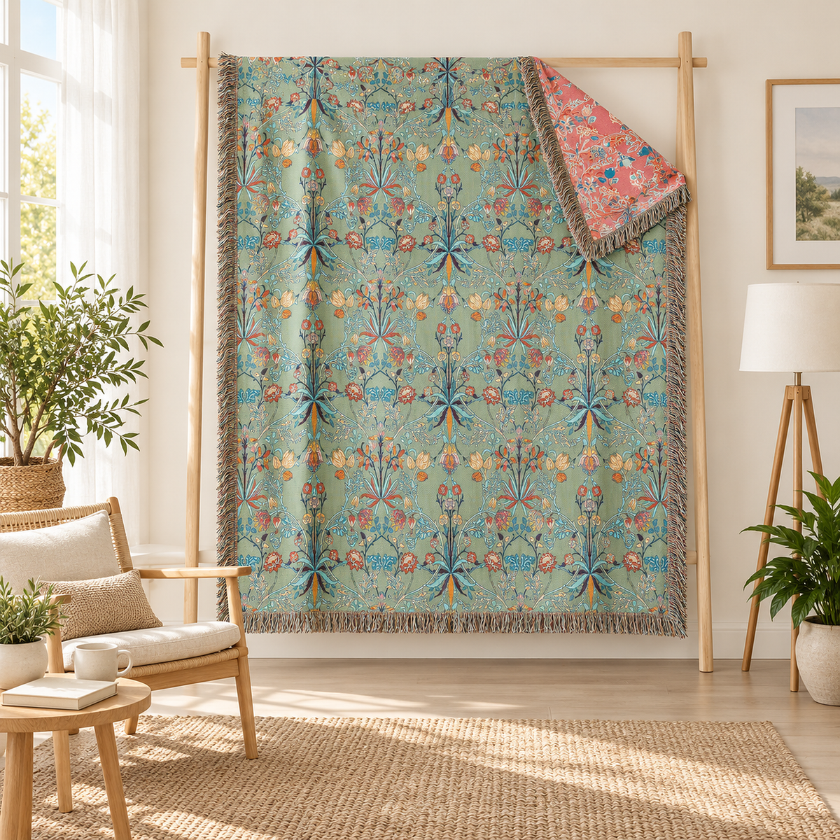Corisena green floral throw blanket on a wooden display rack, corner folded to show coral floral reverse