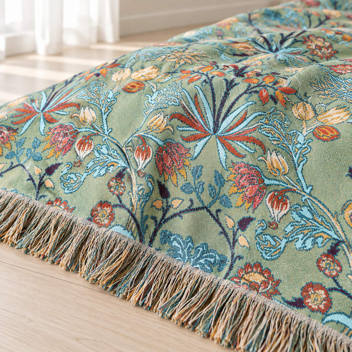 Corisena green throw blanket up close showing tatted threads, floral leaves and tassel fringe