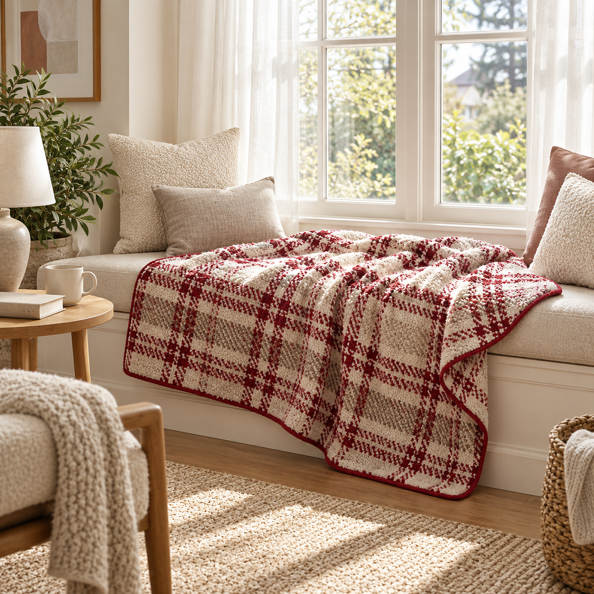Corlami berry check plaid throw blanket with red edging open across a window seat in a reading nook