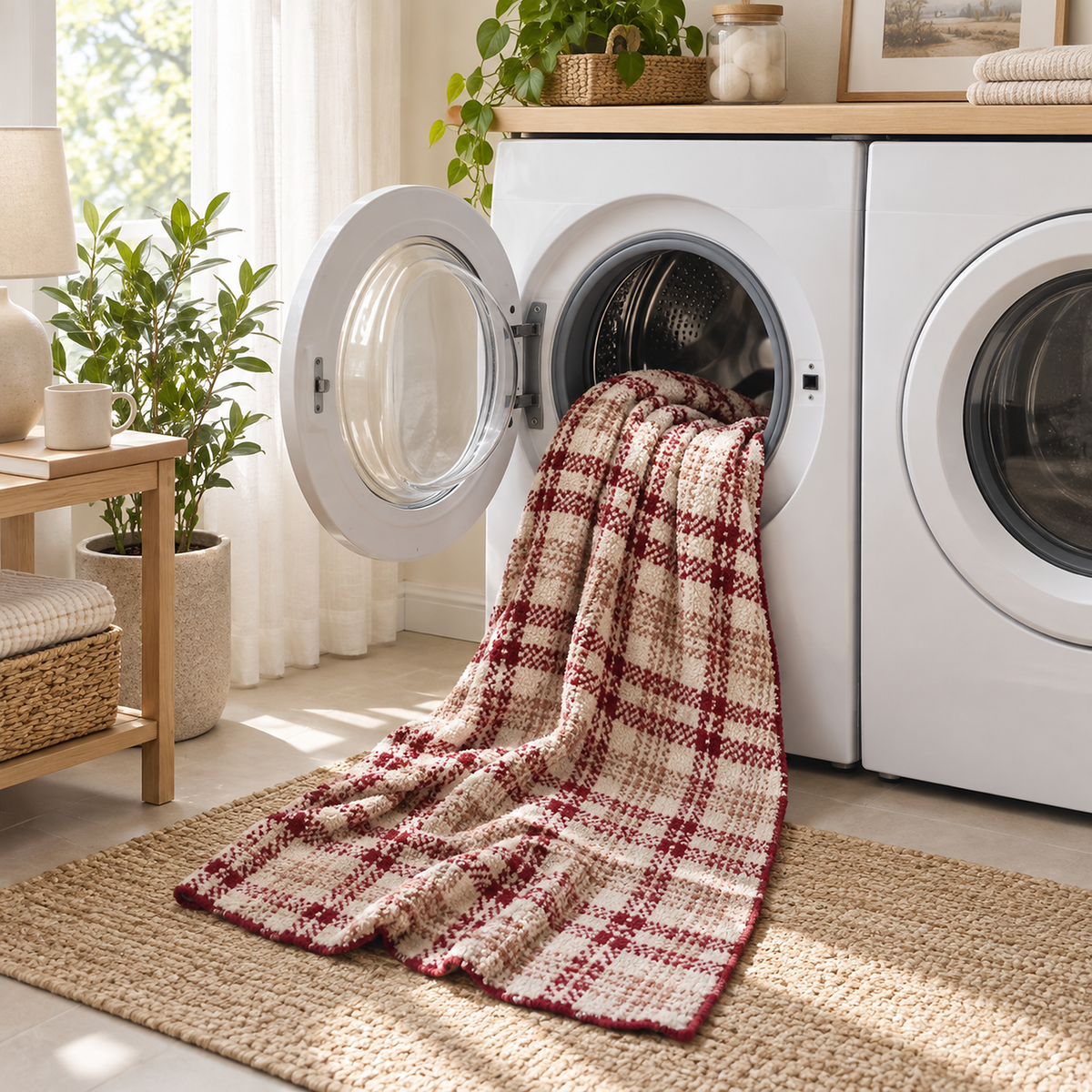 Corlami berry check throw blanket ready to machine wash cold on a gentle cycle