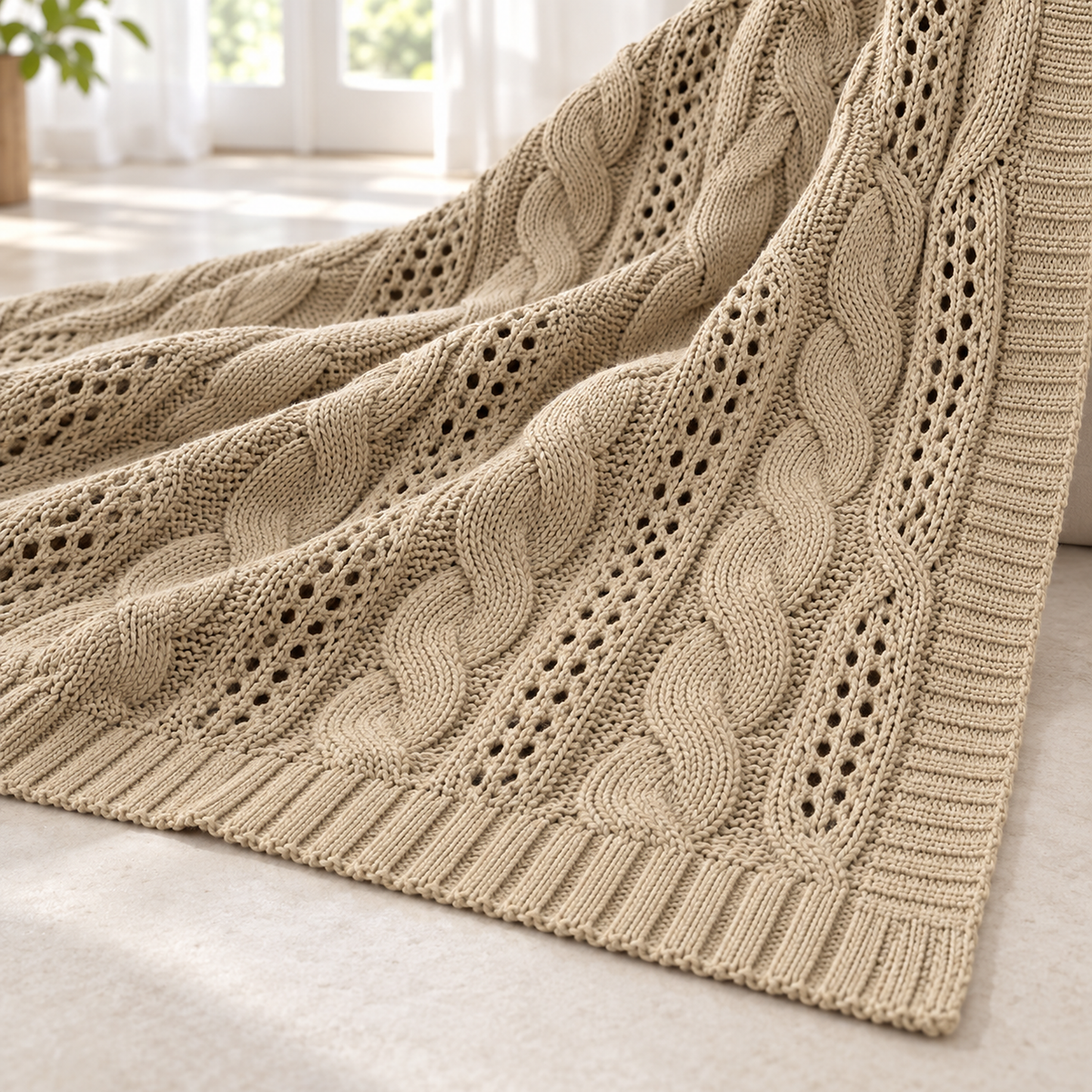 Corlavi beige chunky knit blanket, close up of raised cables and openwork bands