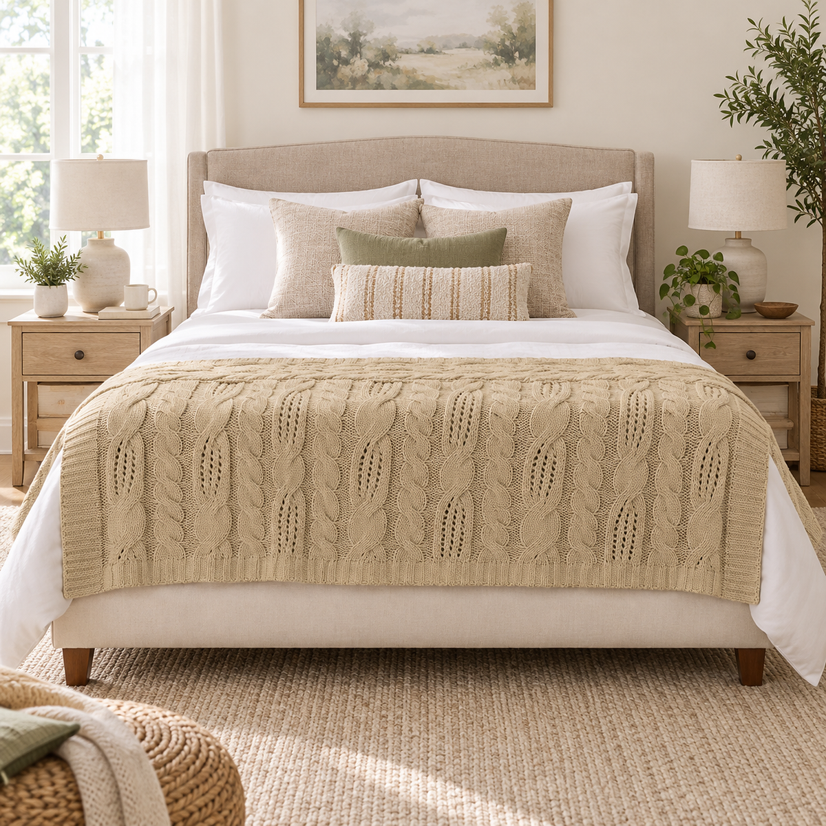 Corlavi beige chunky knit blanket in a larger size folded across the foot of a bed