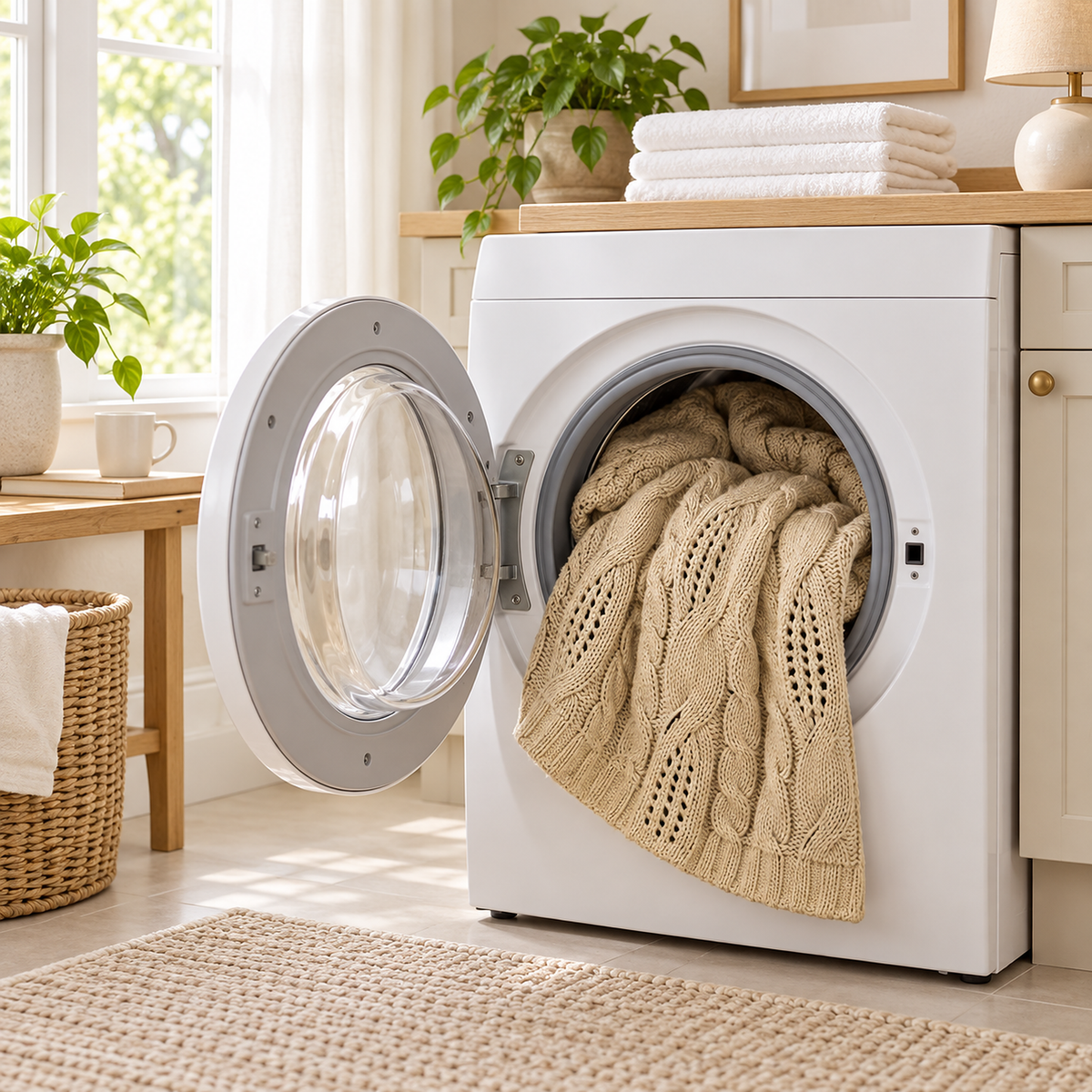 Corlavi beige chunky knit blanket placed in a washing machine, as it is machine washable