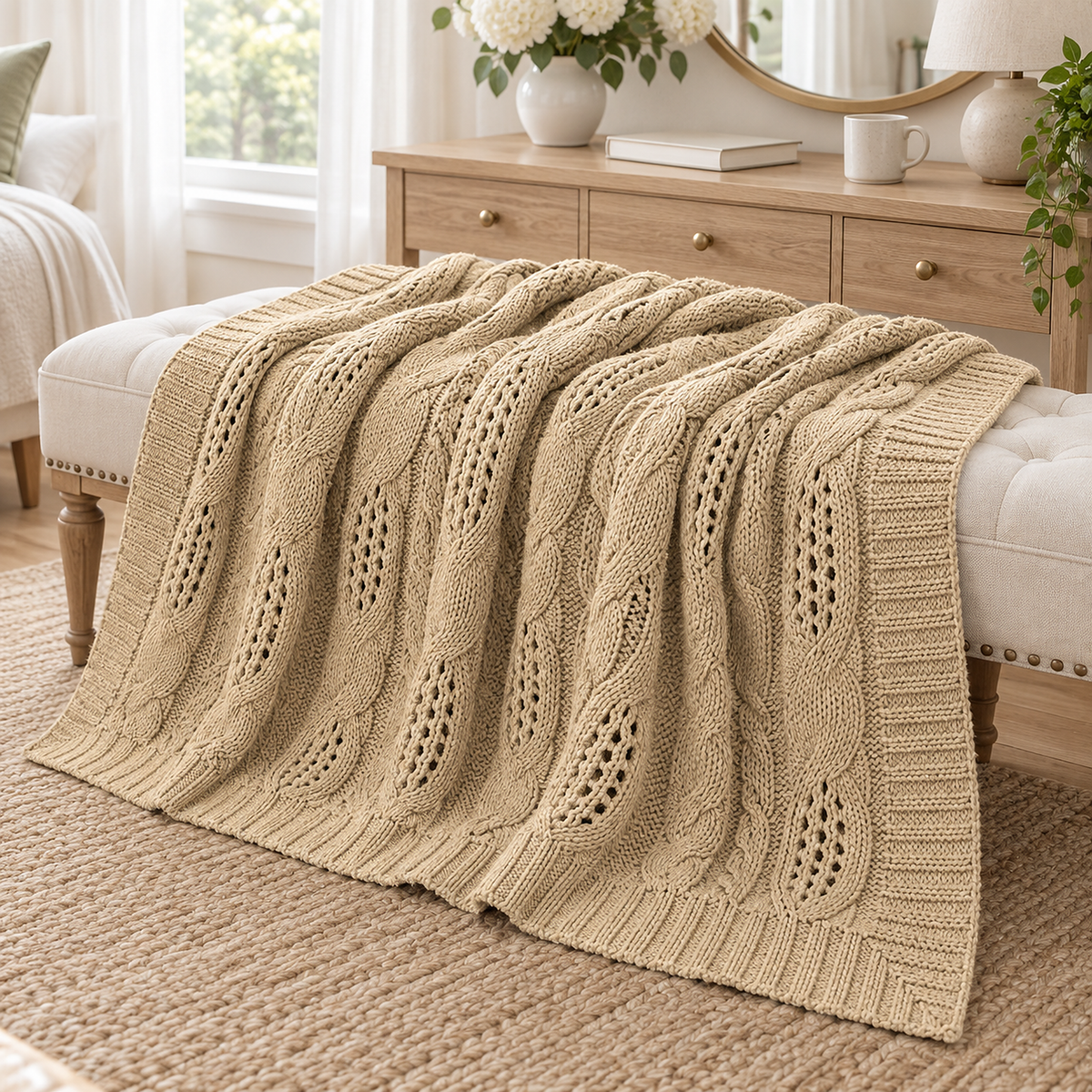 Corlavi beige knit throw blanket corner laid face up showing the broad ribbed border