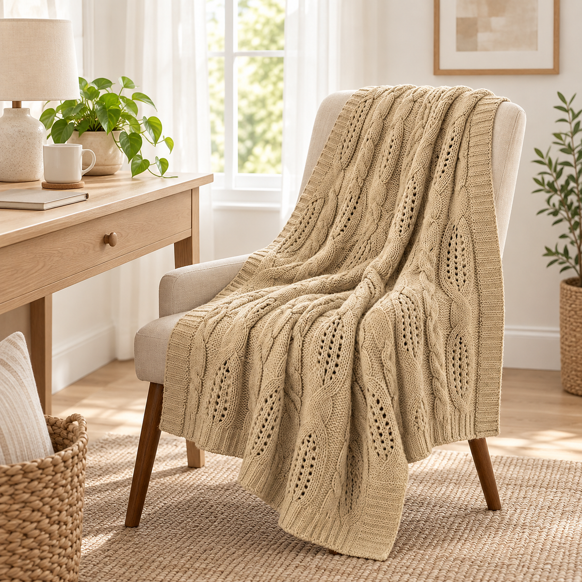 Corlavi beige knit throw blanket opened across a study chair by a window