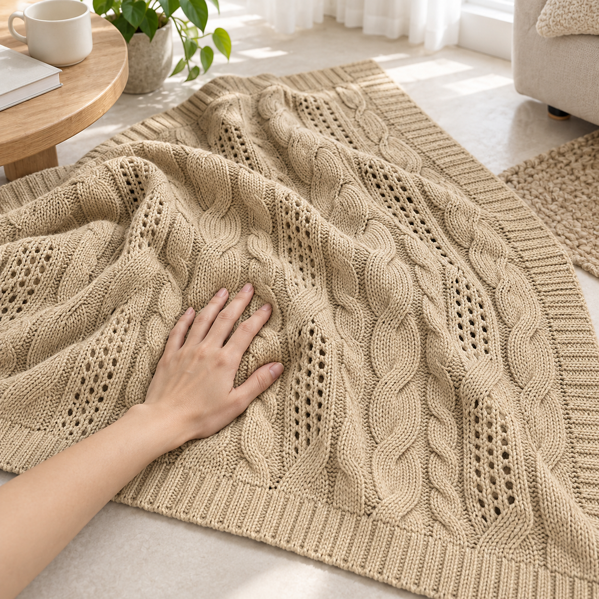Corlavi beige soft throw blanket pressed by one hand to show the reversible chunky knit