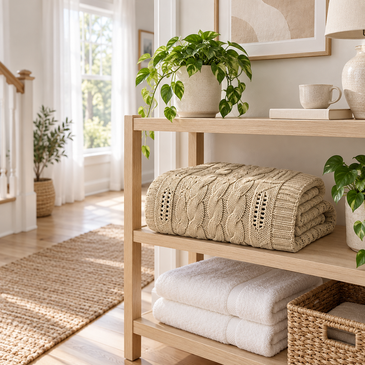 Corlavi beige throw blanket folded neatly on a storage shelf on a bright landing