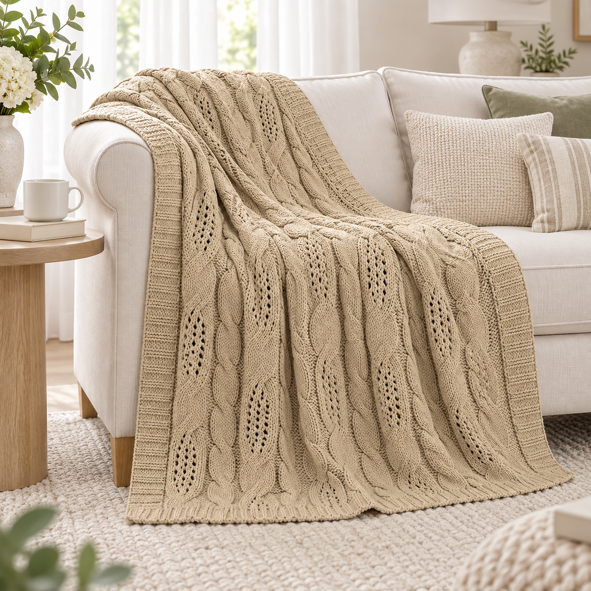 Corlavi beige throw blanket for couch draped over a sofa arm in the main living room