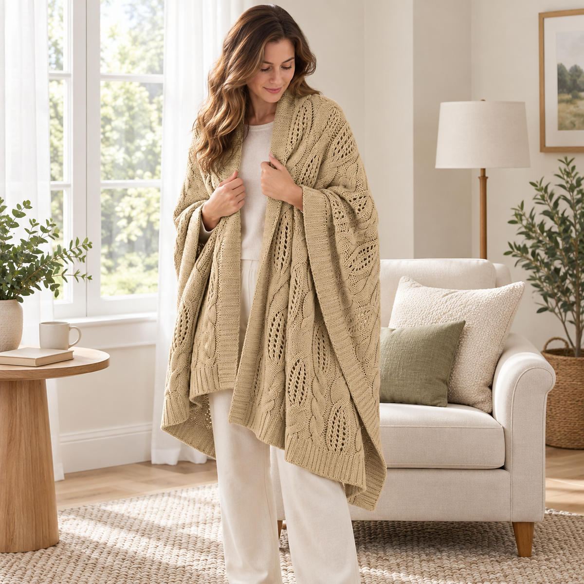 Corlavi beige throw blanket wrapped around the shoulders of an adult in a bright sitting room