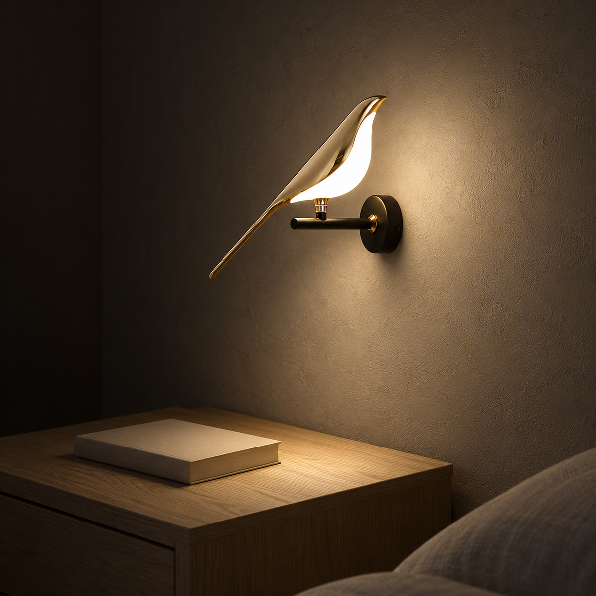 Corsavel 1 bird gold and black bedside wall light glowing above a bedroom nightstand at night