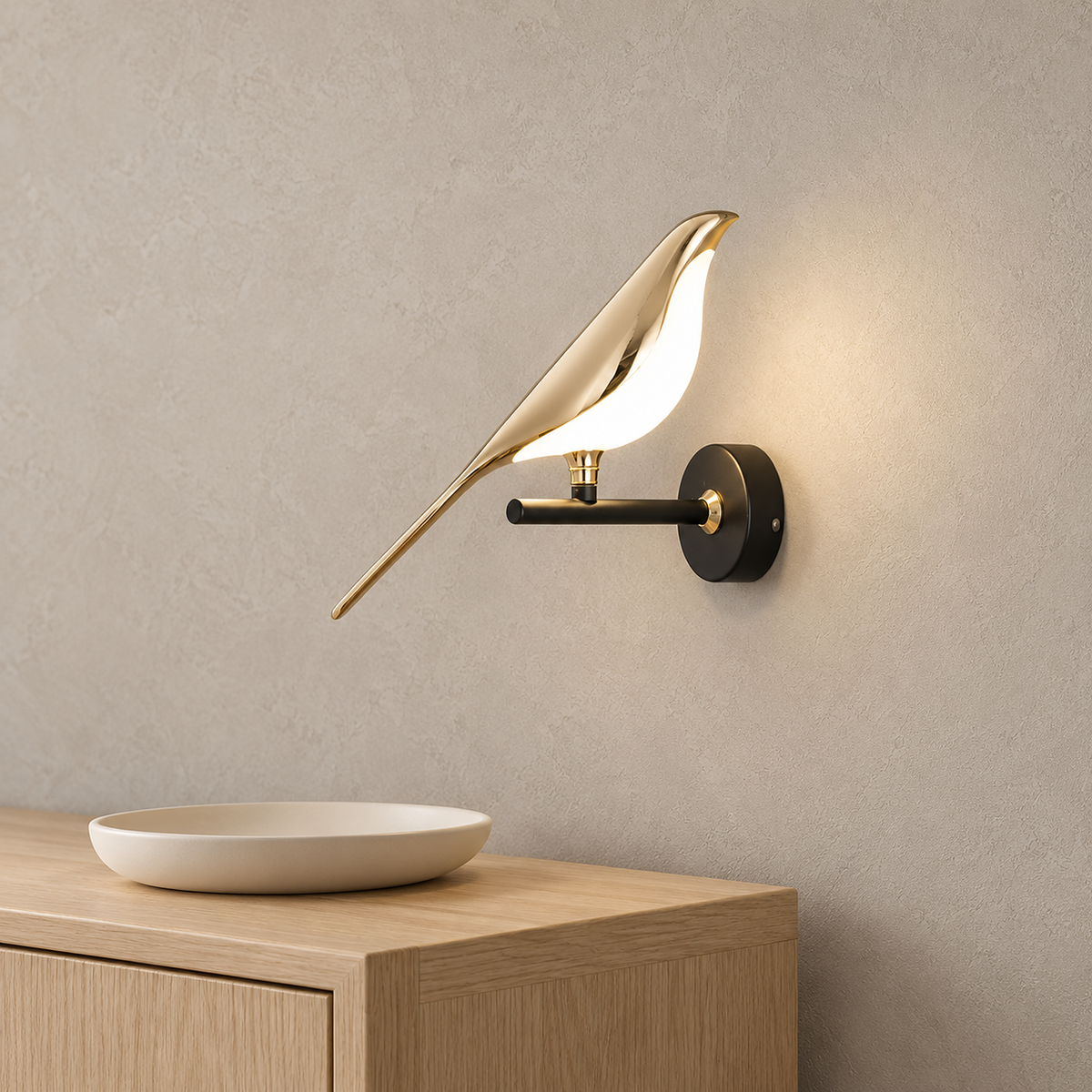 Corsavel 1 bird gold and black hardwired wall sconce showing its clean round wall mount in a dining room