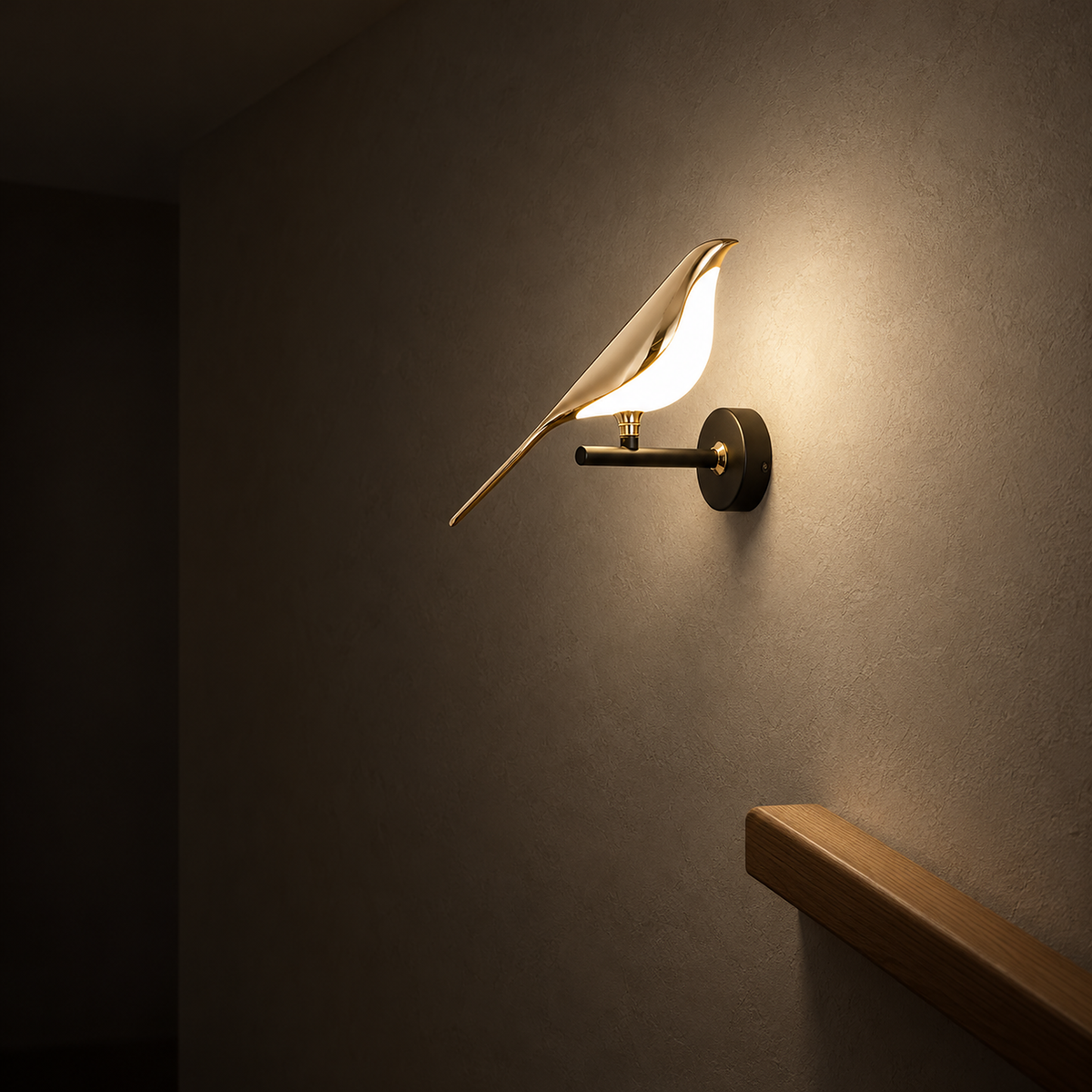 Corsavel 1 bird gold and black LED wall sconce illuminating a stair landing at night