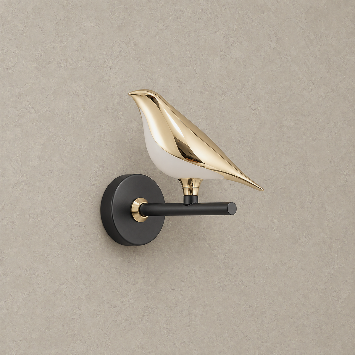 Corsavel 1 bird wall sconce in gold and black, an aluminum bird over an acrylic shade, shown unlit