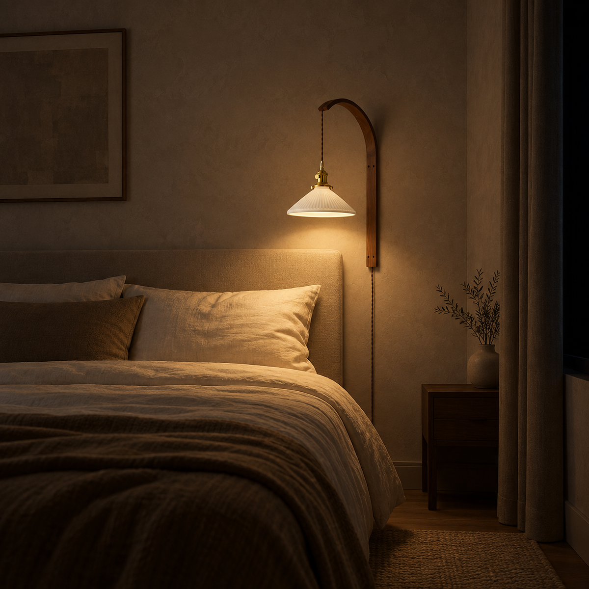 Cosineri walnut color bedside lamp on the wall lighting a pillow and bedcover at night
