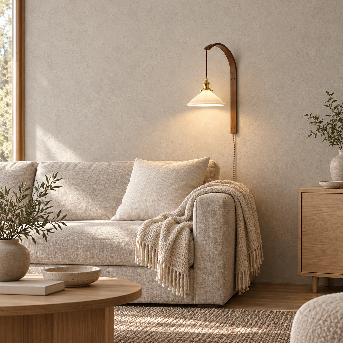 Cosineri walnut color LED wall sconce casting warm light over an oatmeal living room sofa
