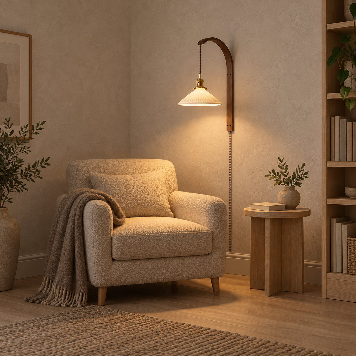 Cosineri walnut color LED wall sconce lighting an oatmeal armchair in late afternoon light