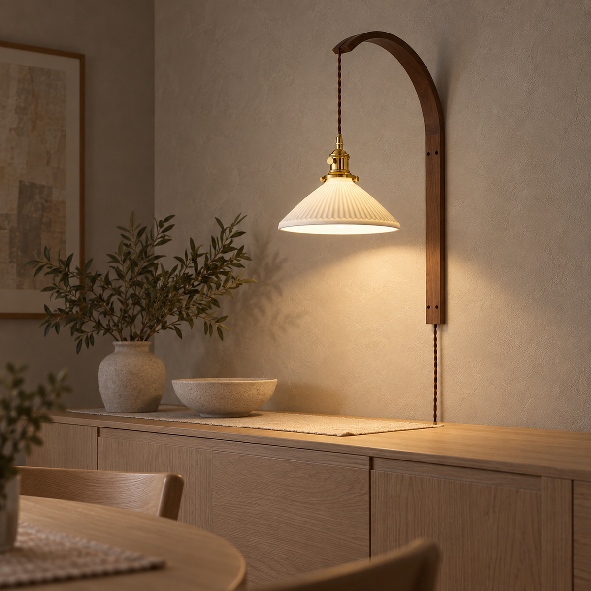 Cosineri walnut color LED wall sconce showing its curved wooden arm and open shade underside