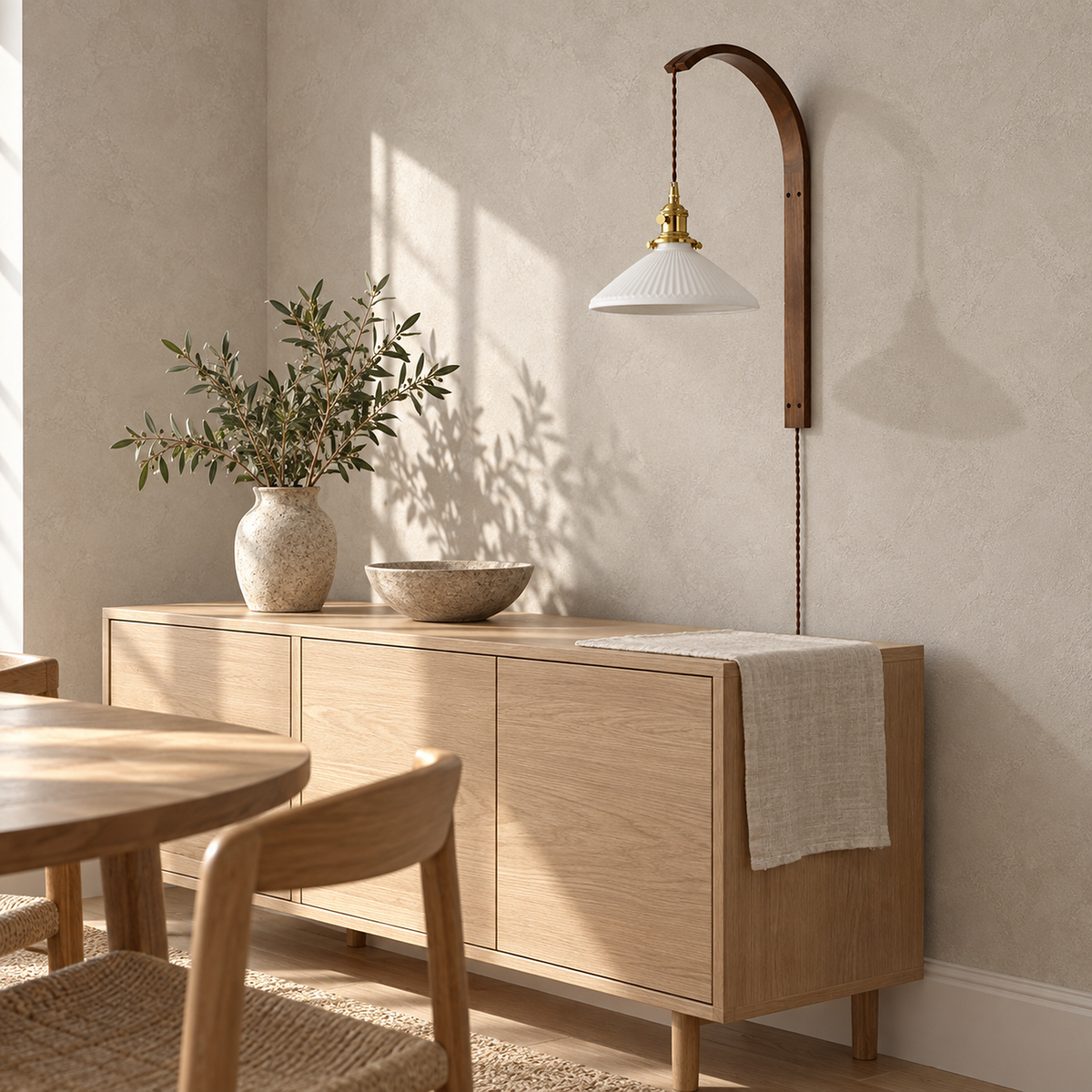 Cosineri walnut color plug in wall sconce switched off beside a sunlit dining room sideboard