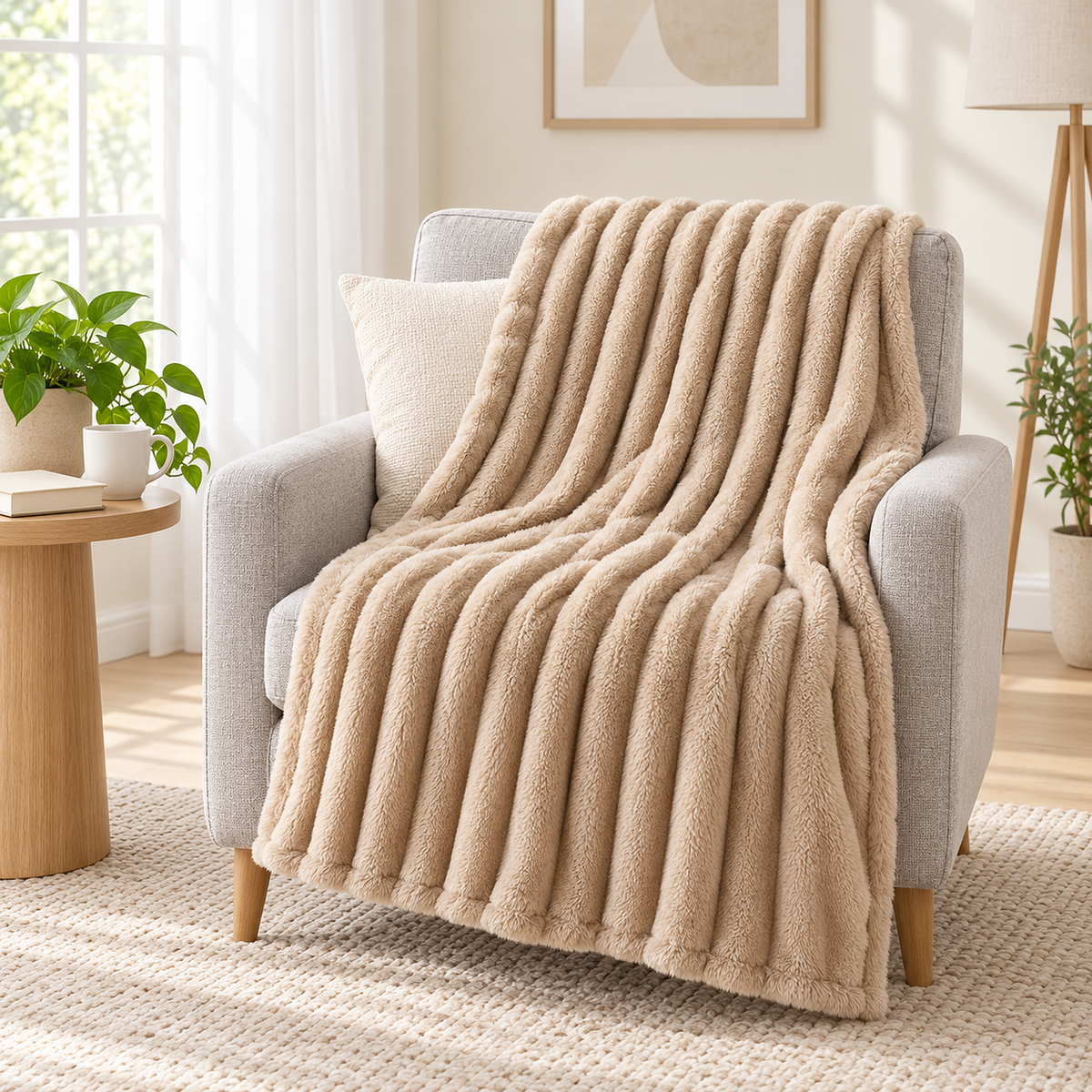 Elarino ribbed plush blanket in brown, plush throw blanket opened over an armchair in a garden facing sitting nook #color_brown