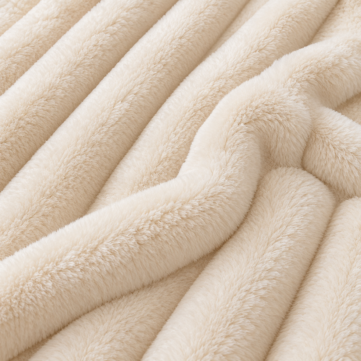 Elarino ribbed plush blanket in cream, faux fur throw blanket close up, raised furry ribs and lower channels
