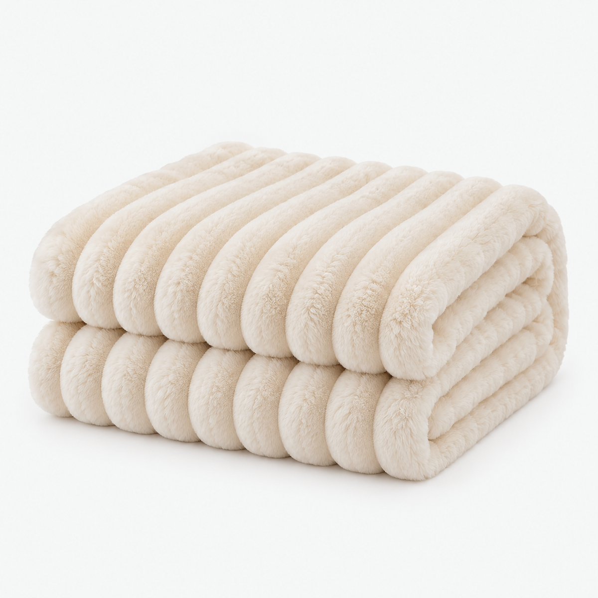 Elarino ribbed plush blanket in cream, loosely folded on a plain white background