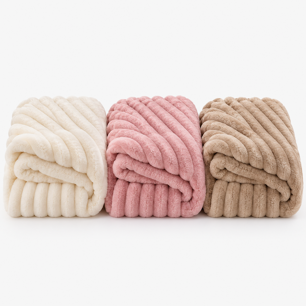 Elarino ribbed plush blanket in cream, pink and brown, three colors folded together on a white background