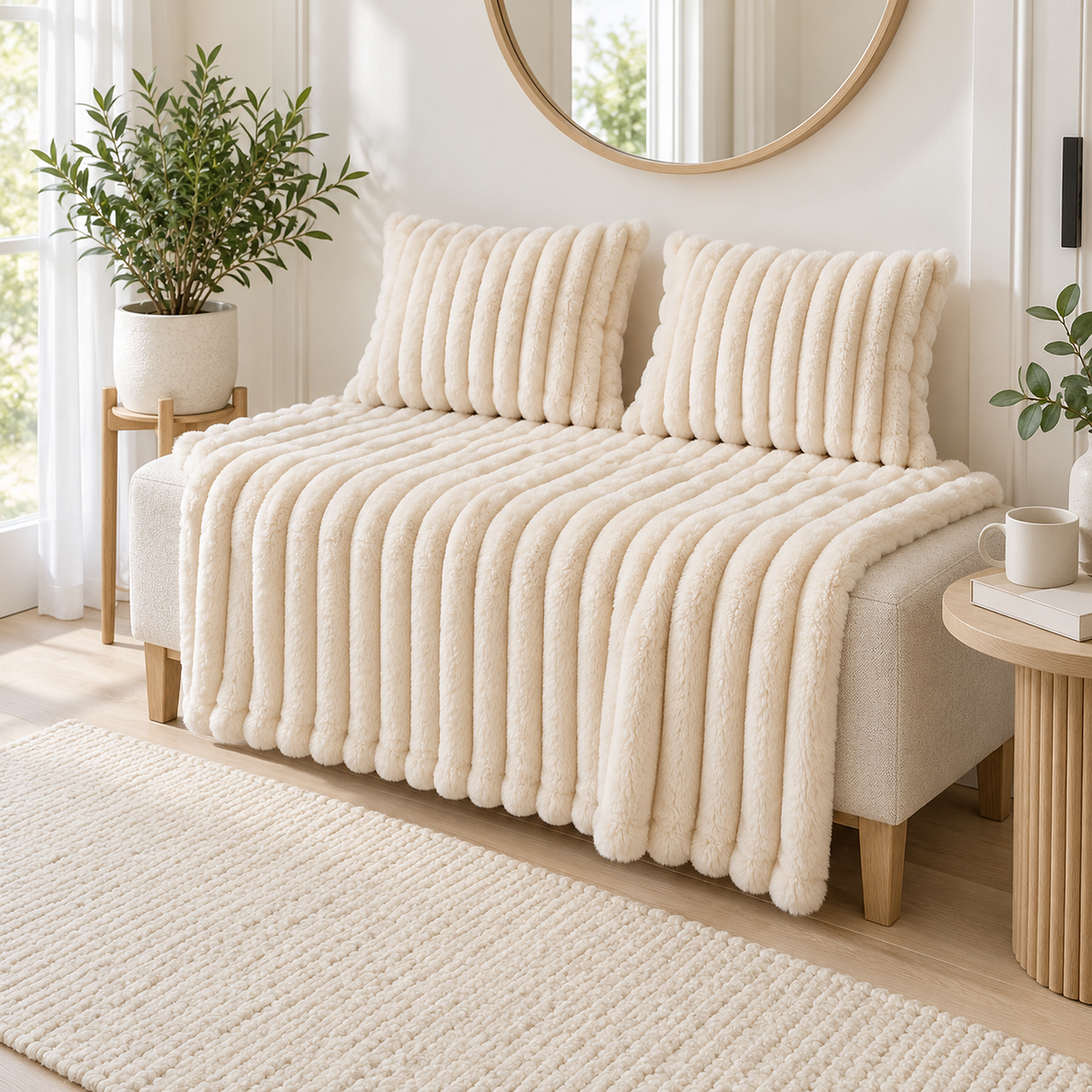 Elarino plush throw blanket in cream with a raised ribbed surface, opened on a hall bench