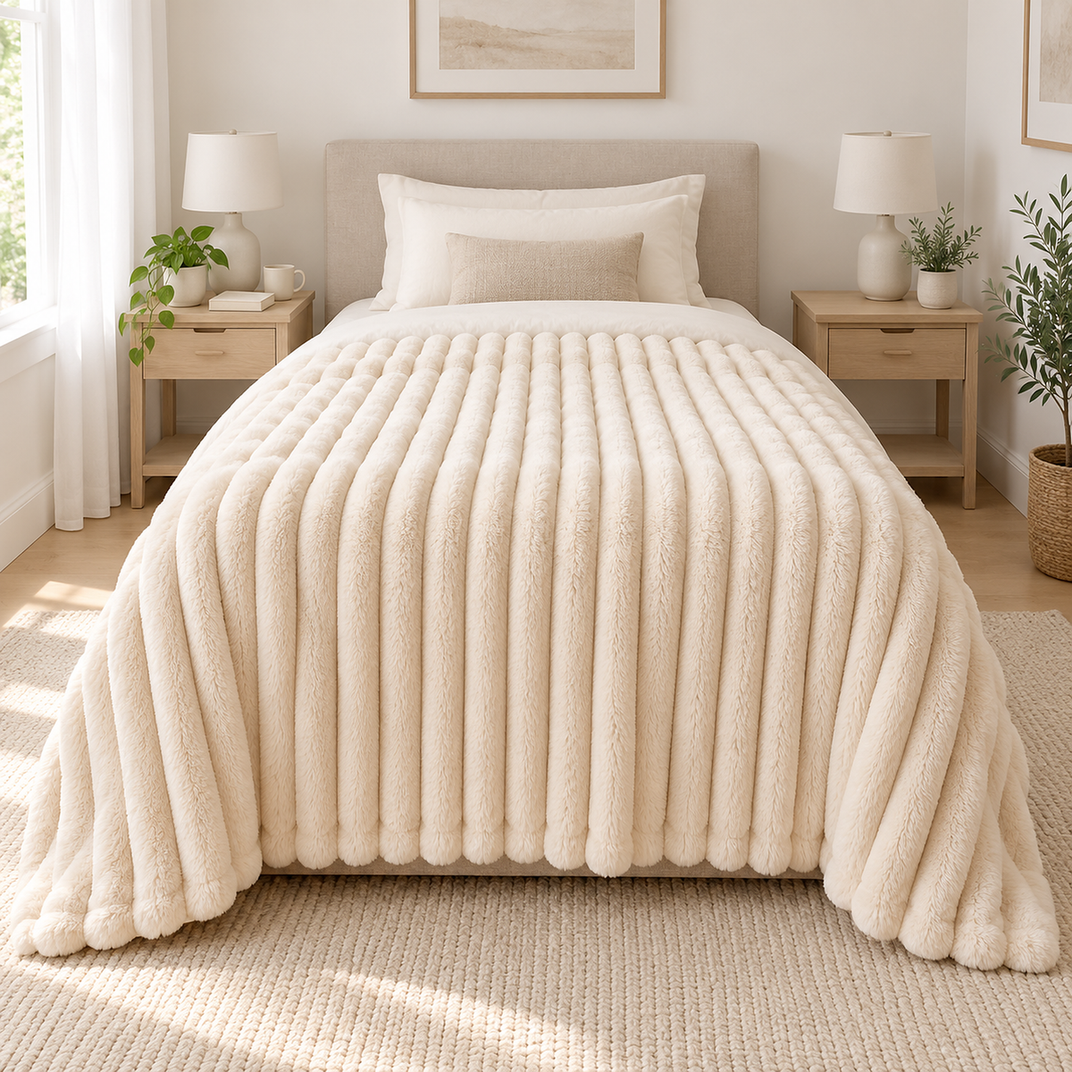 Elarino ribbed plush blanket in cream, soft throw blanket spread across a twin bed in a guest bedroom