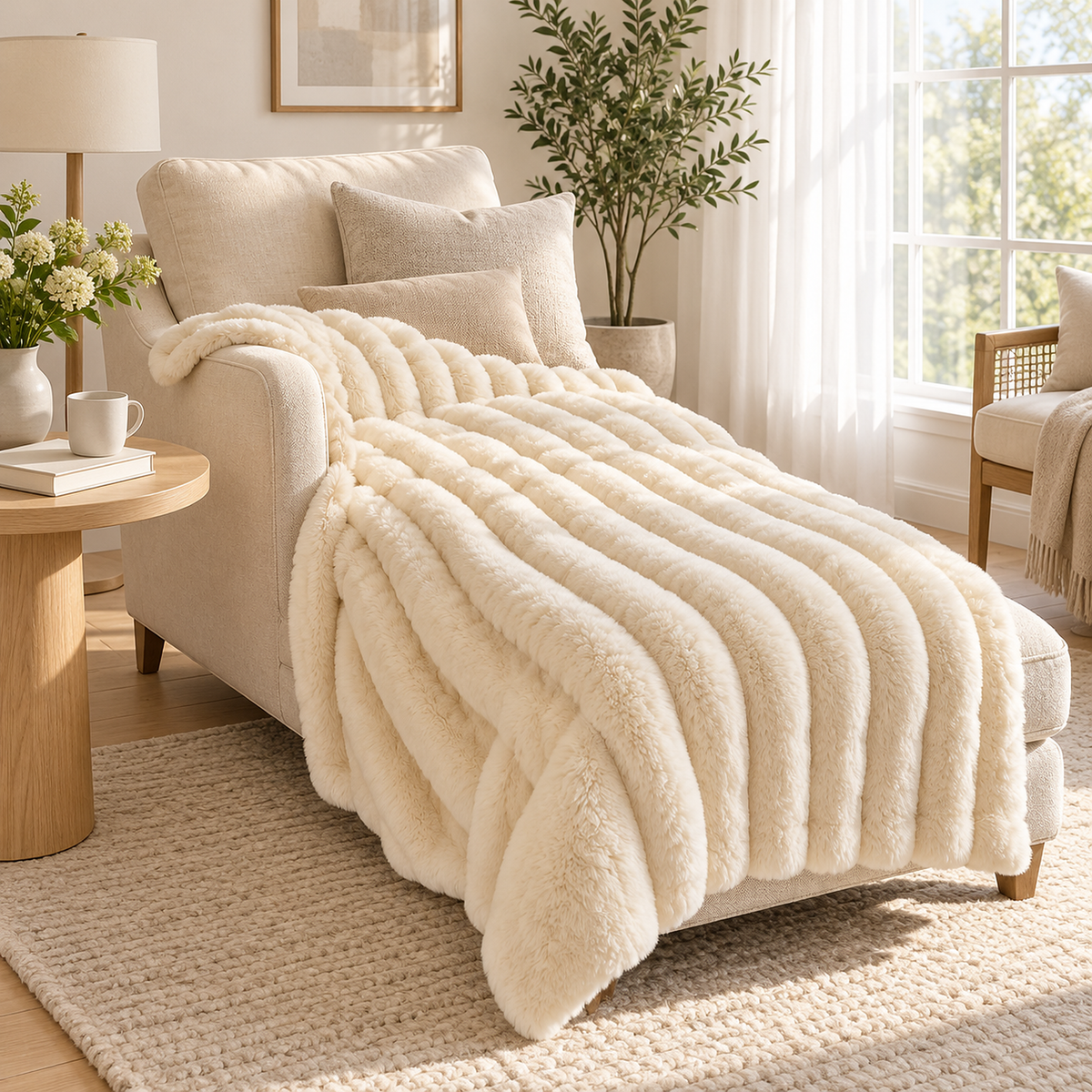 Elarino ribbed plush blanket in cream, throw blanket for couch spread for leg coverage on a sunroom chaise