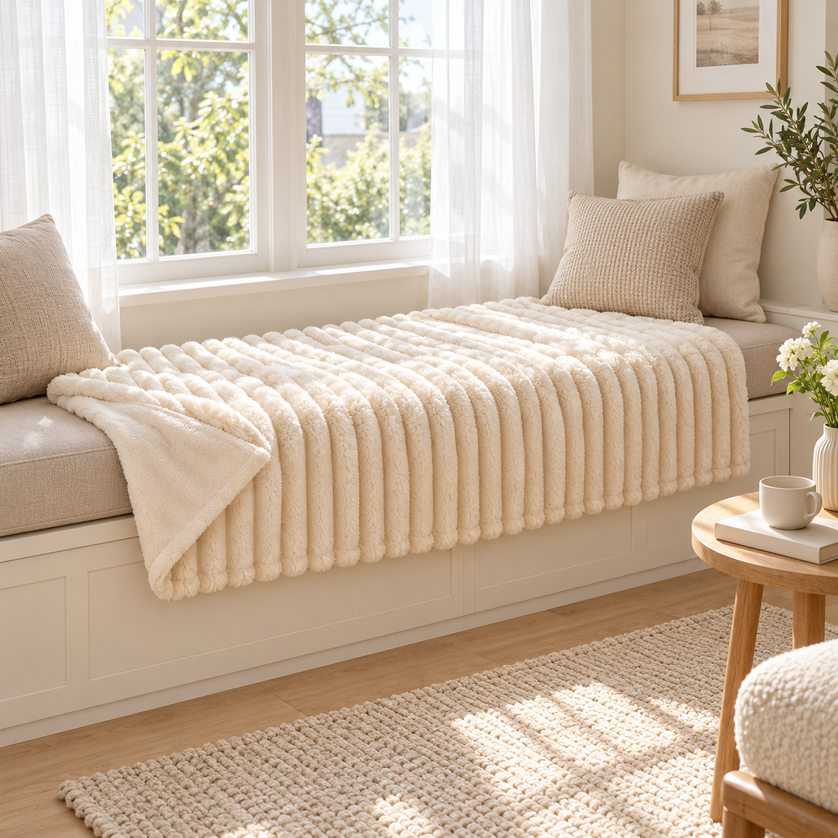Elarino ribbed plush blanket in cream, throw blanket with raised ribs catching daylight across a window seat