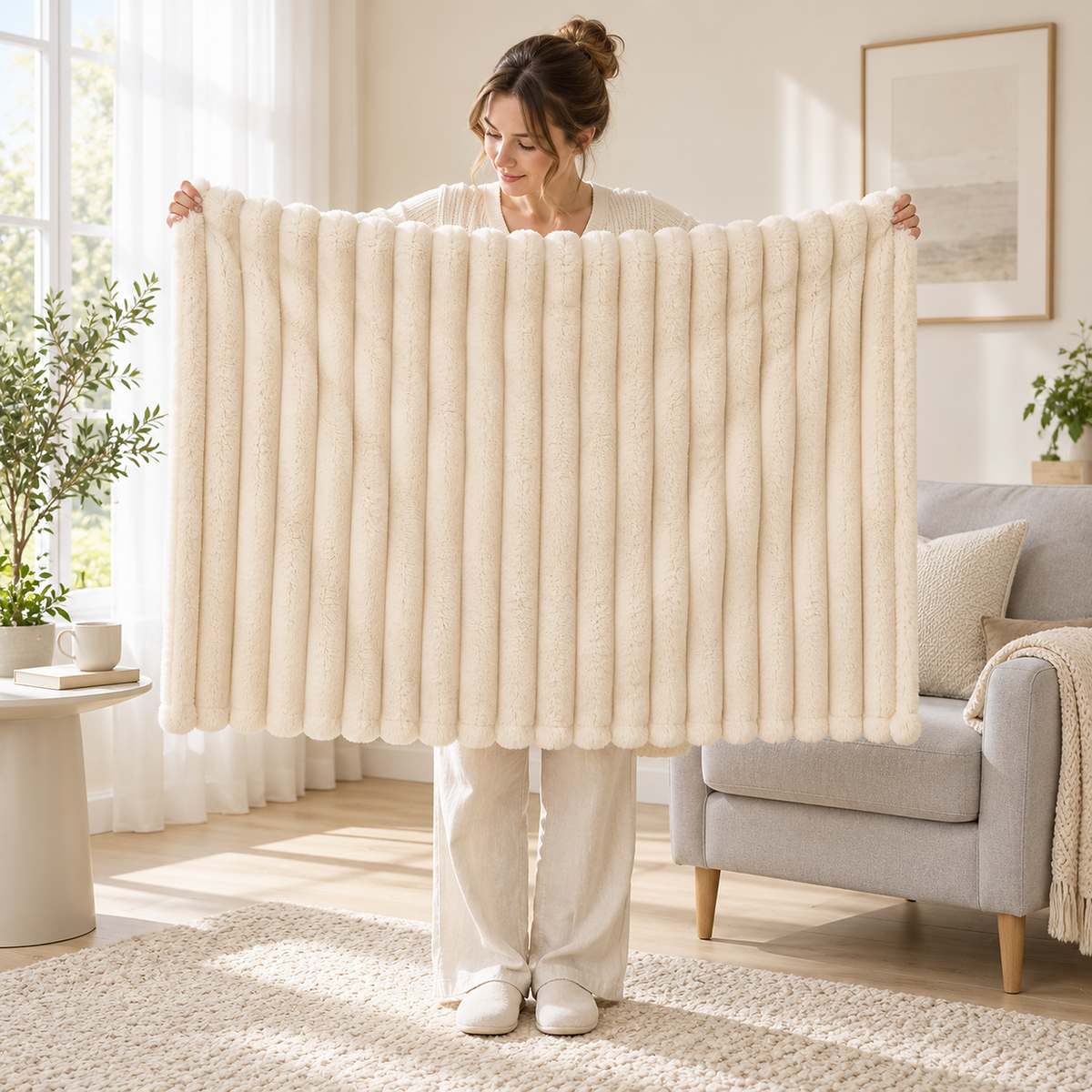 Elarino ribbed plush blanket in cream, very small size throw blanket held fully open by a standing adult