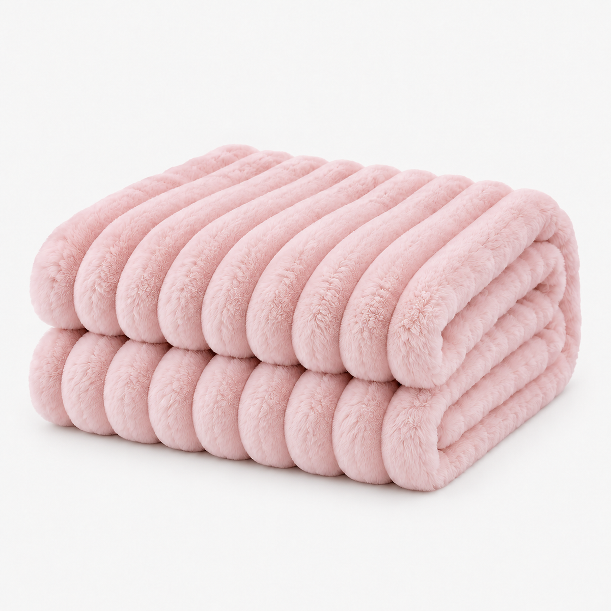 Elarino ribbed plush blanket in pink, plush throw blanket folded on a seamless white background #color_pink
