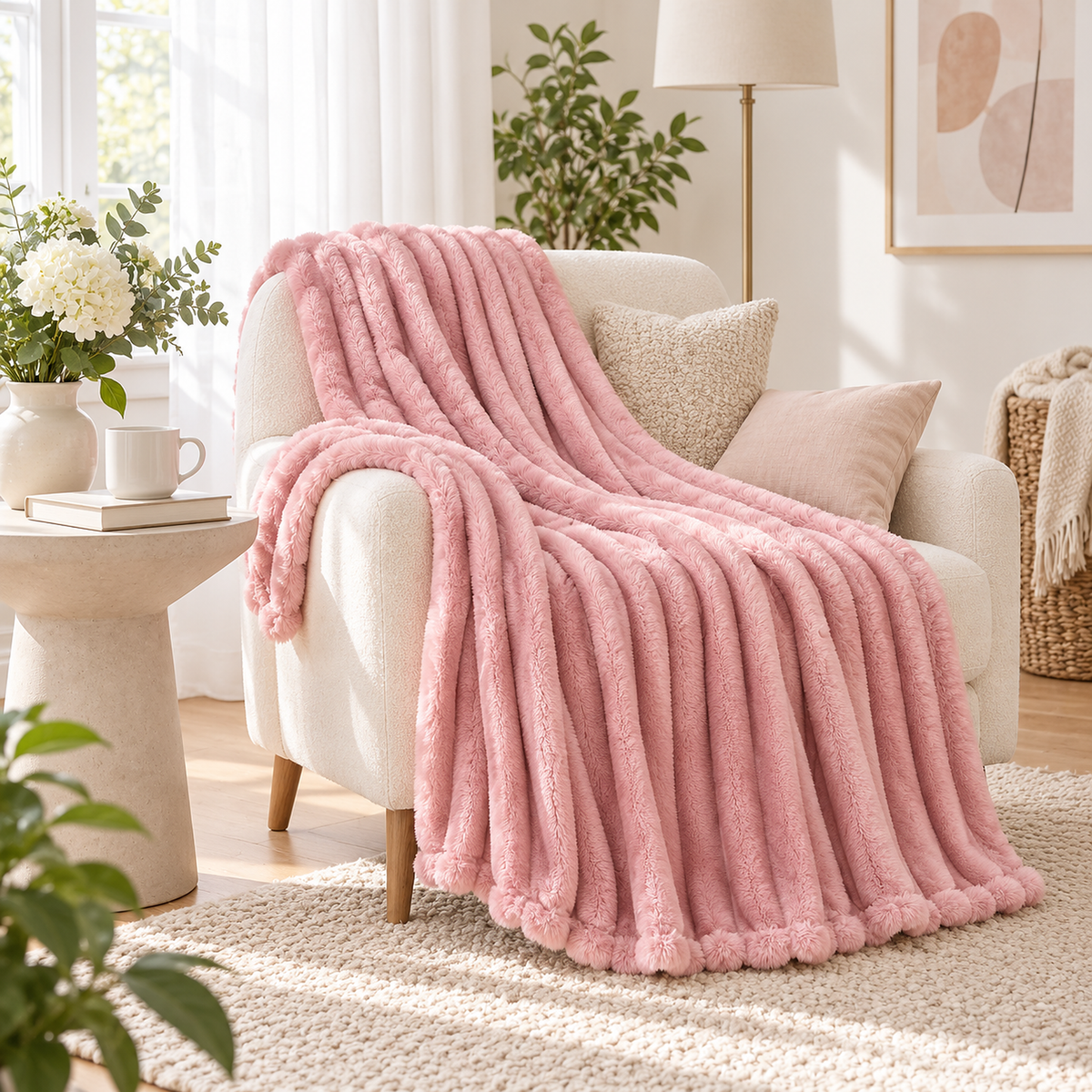 Elarino ribbed plush blanket in pink, soft throw blanket draped over an ivory chair in an upstairs sitting corner #color_pink