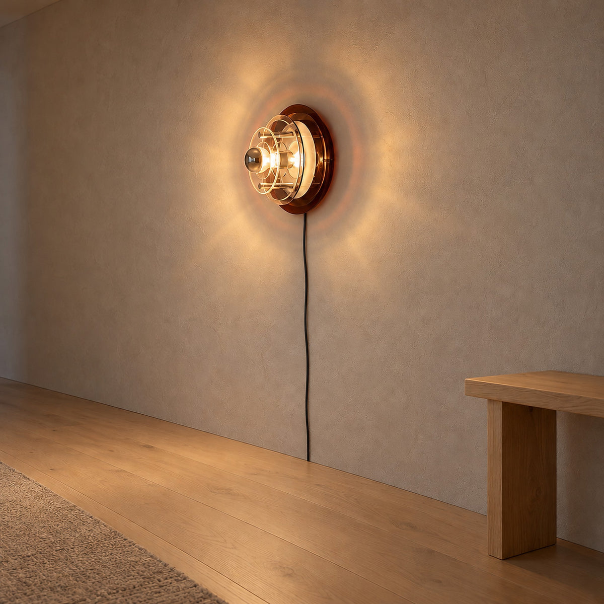 Elsarvo brown plug in wall light glowing above a clear hallway floor