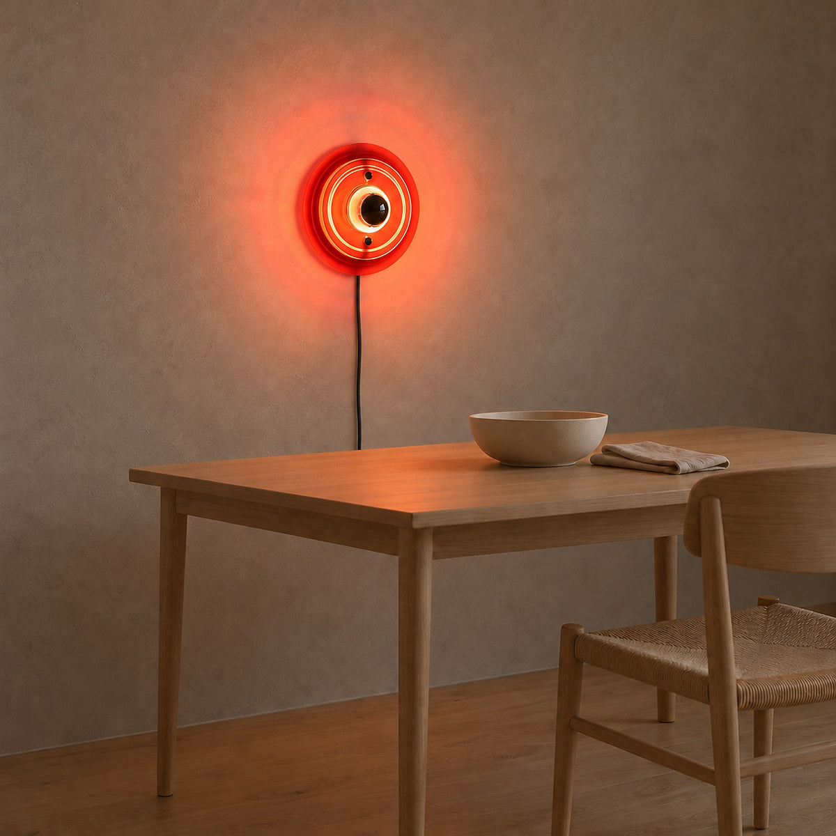 Elsarvo orange wall light casting tinted light across dining room plaster #color_orange