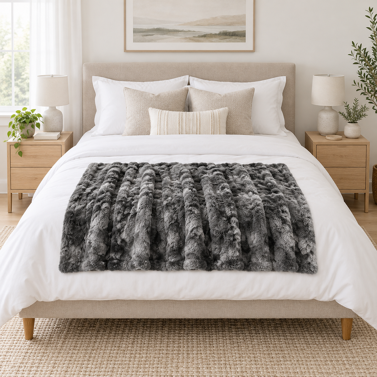 Elvasori gray faux fur throw blanket in a small size spread at the foot of a queen bed in a main bedroom