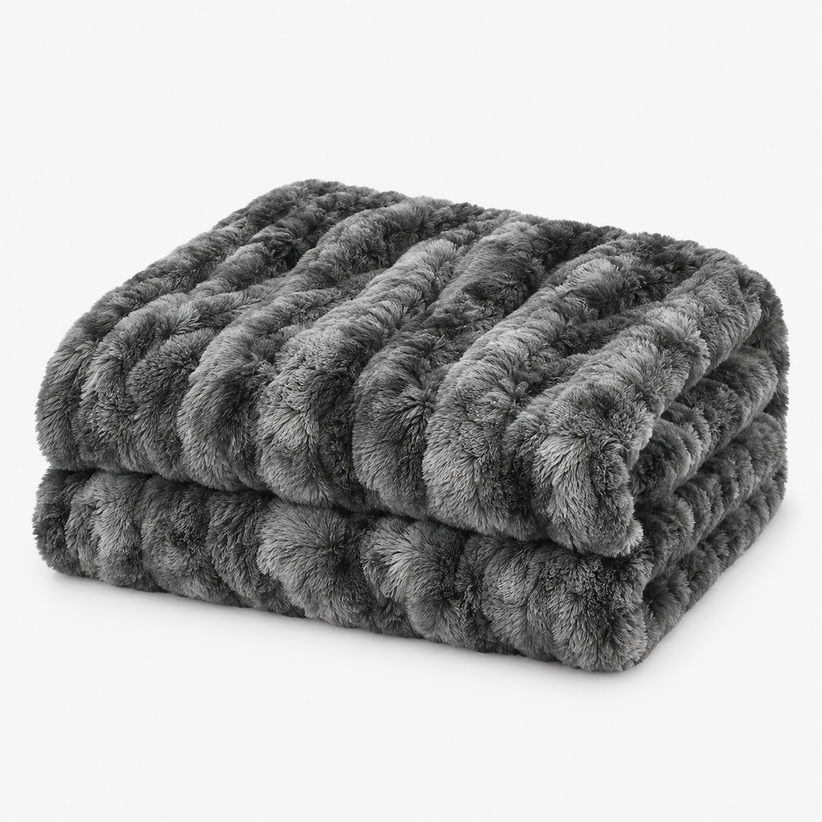 Elvasori gray faux fur throw blanket loosely folded on a white background
