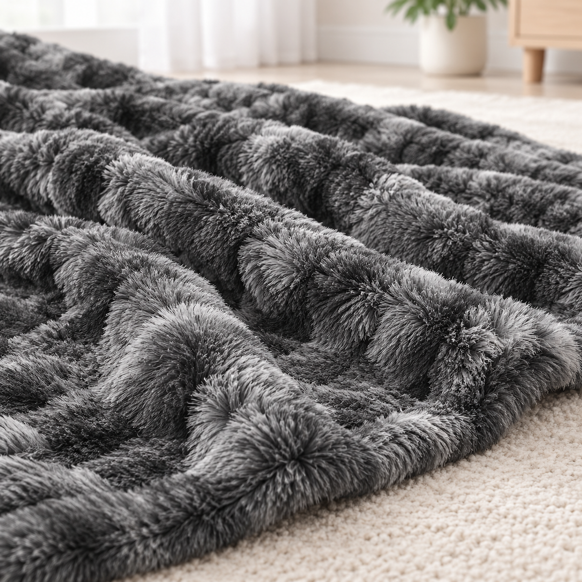 Elvasori gray fleece throw blanket up close, showing raised waves and channels in the faux fur